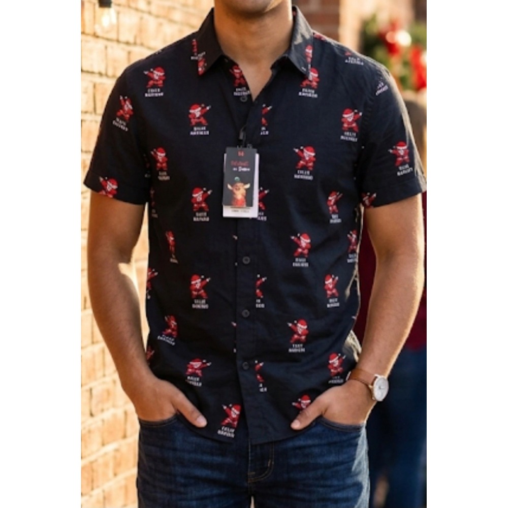 Rugby University Men's & Flower Shorts Sleeve "Feliz Navidad" Button Down...